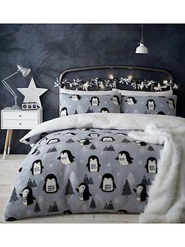 Catherine Lansfield Cosy Penguin Fleece Christmas Duvet Cover Set - Grey