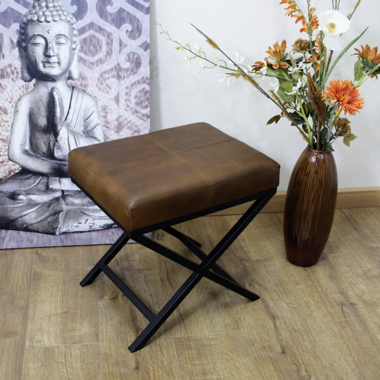 FWStyle Soneri Brown Genuine Leather & Iron Foot Stool