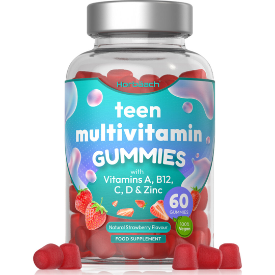 Multivitamins for Teens | 60 Vegan Gummies | 14 Essential Nutrients | with Vitamin A, B12, C, D & Zinc | Natural Strawberry Flavour | By Horbaach