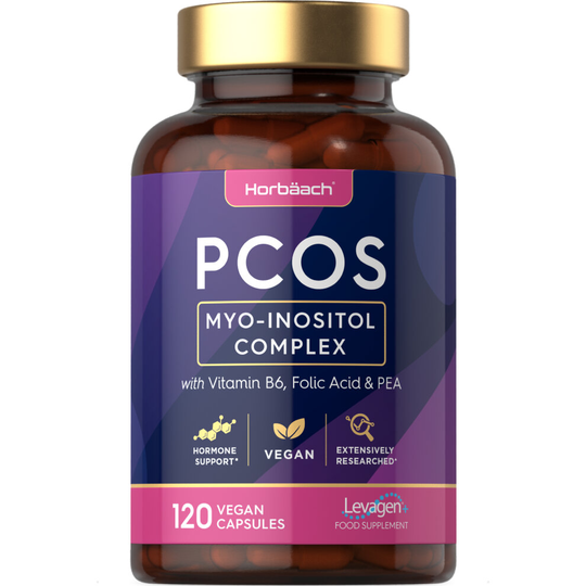 Inositol Supplement for PCOS | 120 Vegan Capsules | Myo-Inositol Complex with Folic Acid, Vitamin B6 and Levagen | Hormone Support | By Horbaach