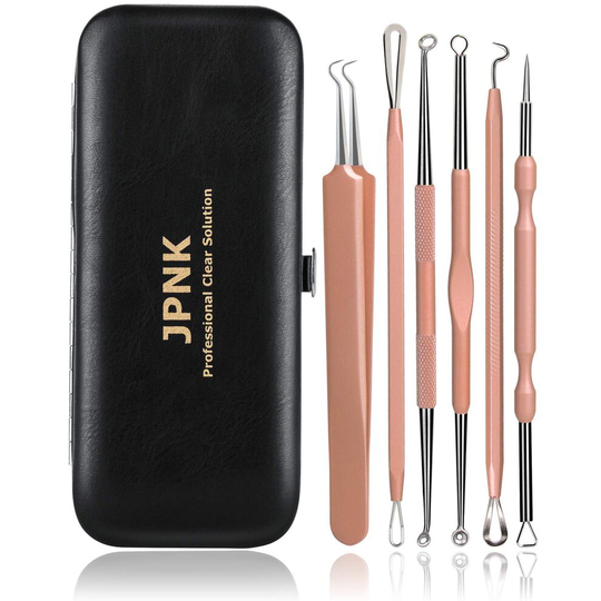 JPNK NEW Pink Blackhead Remover Tools Comedone Extractor Acne Removal Kit for Blemish, Whitehead Popping, Zit Removing for Nose Face with Leather Bag