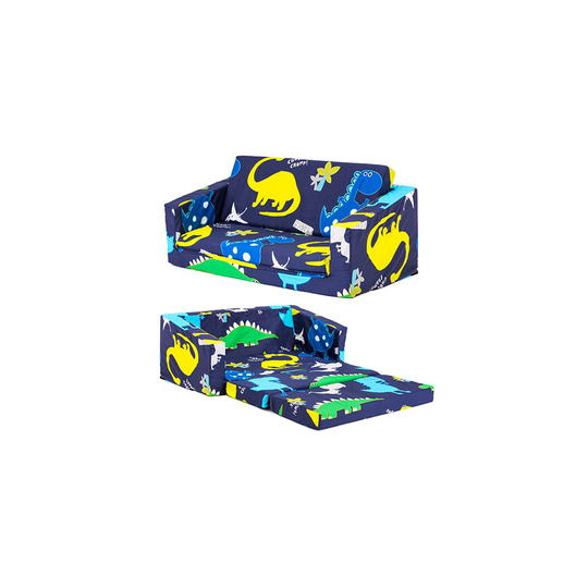 (Dino Dark) Children's Fold Out Foam Sofa Bed | Hand Drawn Print Lounger Seat | Soft Comfortable Relaxing Kid's Furniture