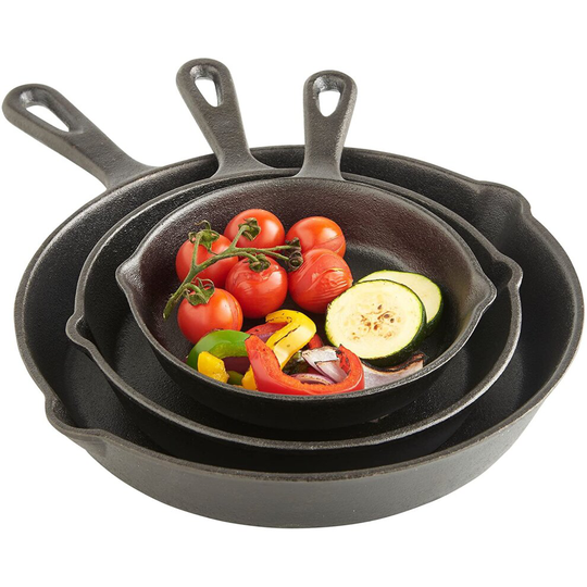 VonShef Cast Iron Skillet Pan Set 3 Piece - 3Pc, Non-Stick, Pre-Seasoned, Oven Safe - 6", 8", 10" inch Pans for Grilling, Frying, Searing, B