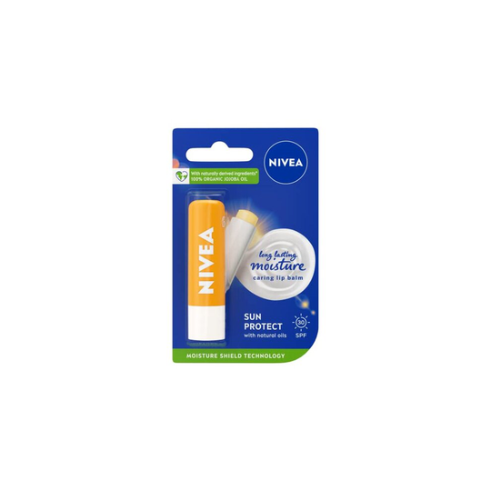 NIVEA Sun Protect Caring Lip Balm (5.5ml), Protective Lip Moisturiser with Shea Butter and SPF30, Sun Protection Lip Balm for 24h Moisture Care,