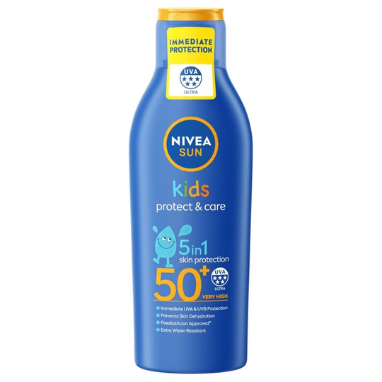 NIVEA SUN Kids Moisturising Sun Lotion SPF50+ (200 ml), Moisturising Suncream with SPF50+, Children's Sunscreen for Immediate Protection.