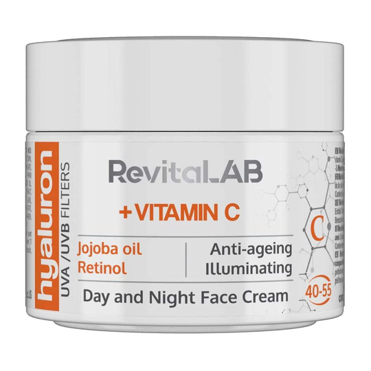 RevitaLAB Hyaluron Anti-Ageing Day and Night Cream, Enriched with Vitamins A, B3, B5, E, C, Jojoba Oil and UV Filters, for Ages 40 - 55, 50 ml