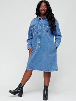Calvin Klein Jeans Curve Utility Pop-Over Denim Shirt Dress - Blue