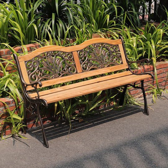 (#5 Flower: L125 x W48 x H72cm) Vintage Garden Bench Outdoor Seating Cast Iron Leg Patio 3 Seater Armrest Chair