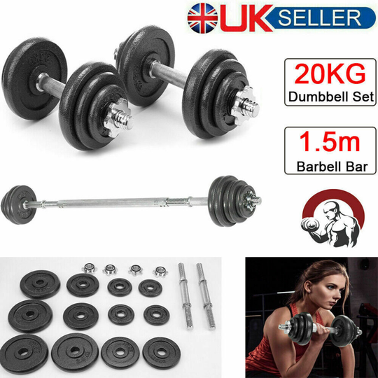 20kg Cast Iron Dumbbell Set 1" Weight Plate 1.5m Barbell Workout