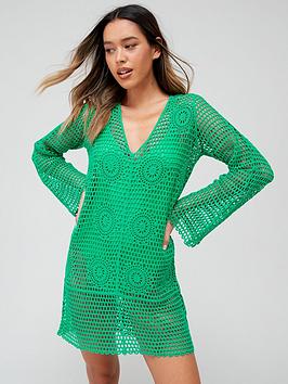 V By Very Long Sleeve V Neck Crochet Mini Dress