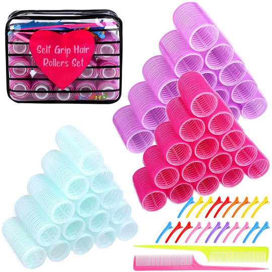 Elcoho Self Grip Hair Rollers Set 45 Rollers, 20 Duck Bill Clips, 2 Combs with Storage Bag, Hairdressing Curlers Tools for Men, Kids, Women(44 mm,