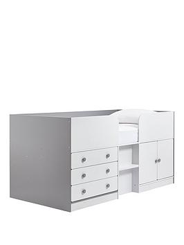 Very Home Peyton Kids Mid Sleeper Bed With Drawers, Cupboard And Mattress Options (Buy And Save!) - White/Grey - Cabin Bed With Premium Mattress