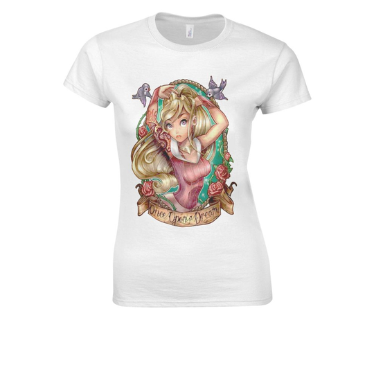 (Medium, White) Princess Sleeping Beauty Aurora Kiss White Women T Shirt Top