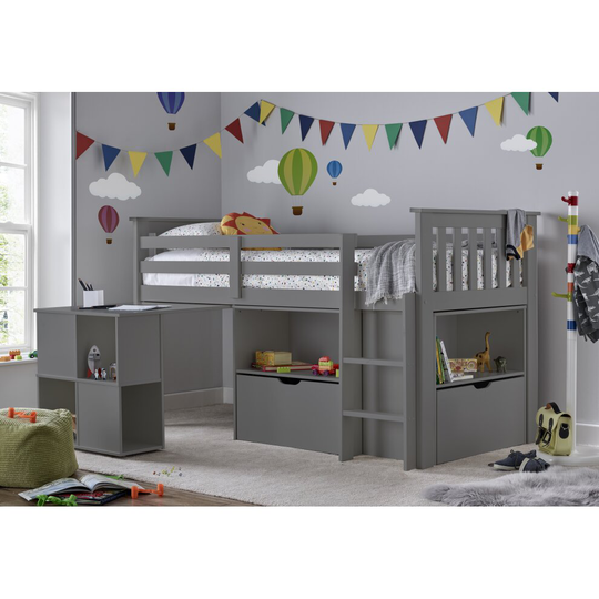 (Spring Mattress) Mid Sleeper Grey Storage Bed Desk and Mattress