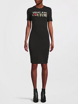 Versace Jeans Couture Rose Print Logo T-Shirt Dress - Black