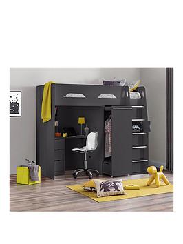Julian Bowen Max High Sleeper Bed With Desk, Drawers, Pull Out Wardrobe And Hidden Cupboards - Grey