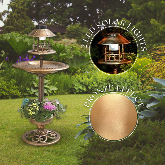Bird Bath Feeder Bronze Effect with LED Lights & Flower Planter