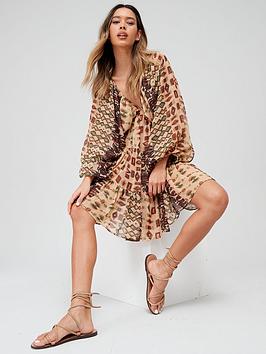 V By Very Balloon Sleeve Tie Back Mini Beach Dress - Multi