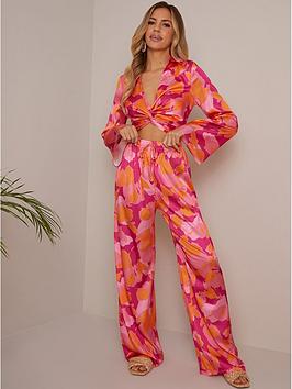 Chi Chi London Abstract Print Satin Shirt In Pink