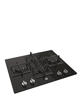 Hoover Hvg6Dk3B 60Cm 4 Burner Gas Hob With Cast Iron Pan Supports - Black Glass - Hob Only