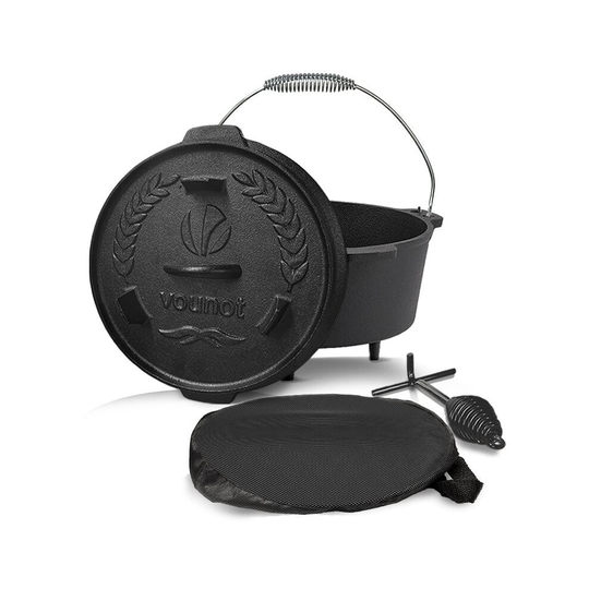 VOUNOT Dutch Oven 9 Liters, Pre-Seasoned, Cast Iron Fire Pot with Carry Bag, Feet, Lid Lifter, Spiral Handle