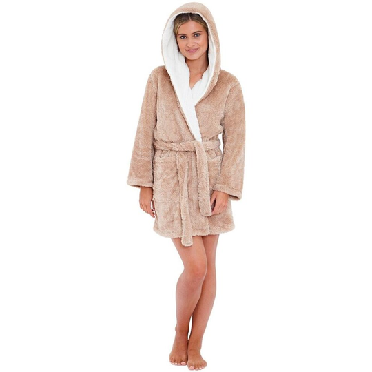 (12-14, Beige) Love To Sleep Women's Fluffy Fleece Hooded Dressing Gown Bath Robe