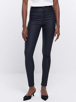 River Island Coated Denim High Rise Skinny Jeans - Black, Black, Size 8, Inside Leg Short, Women