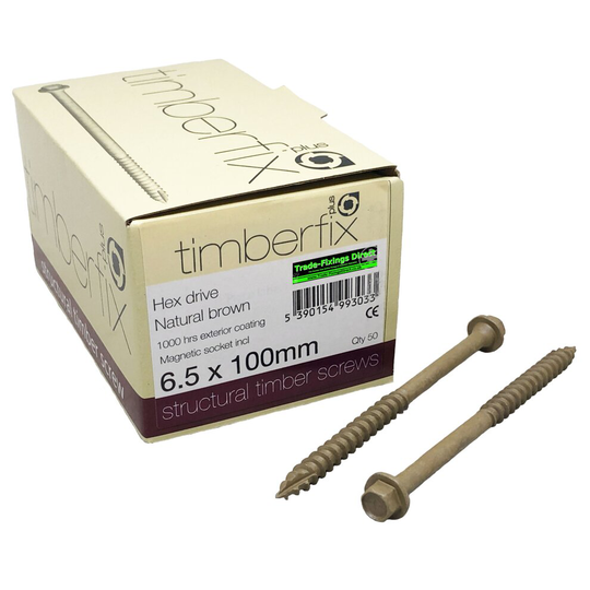 Pack of 50 - 6.5 x 100MM Genuine TIMBERFIX® Plus Structural Timber DECKING Railway Sleeper Screws - Hexagon Head - Free Driver BIT