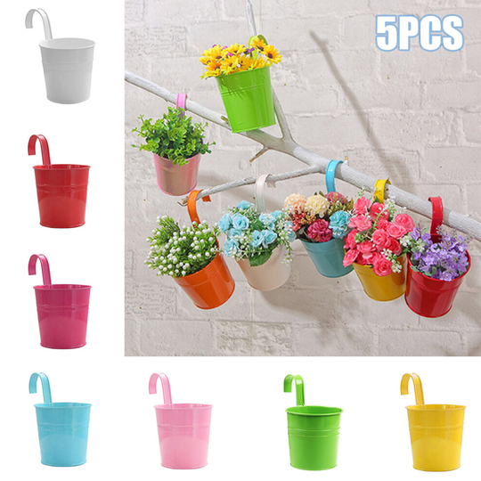 5Pcs Garden Metal Flower Pots Hanging Pot Basket Bucket Plant Flower