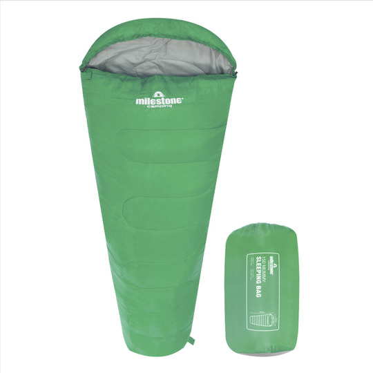 (Green) Milestone Camping Mummy Single Sleeping Bag / 2 Season Insulation with Carry Sack