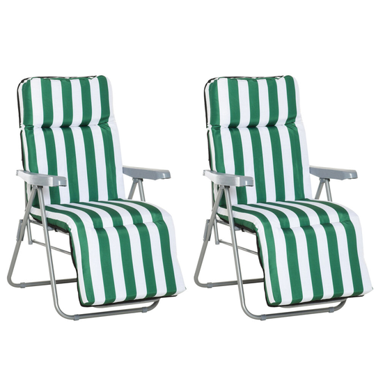 Outsunny Set of 2 Folding Sun Lounger Recliner Chairs Daybed Cushion Green White