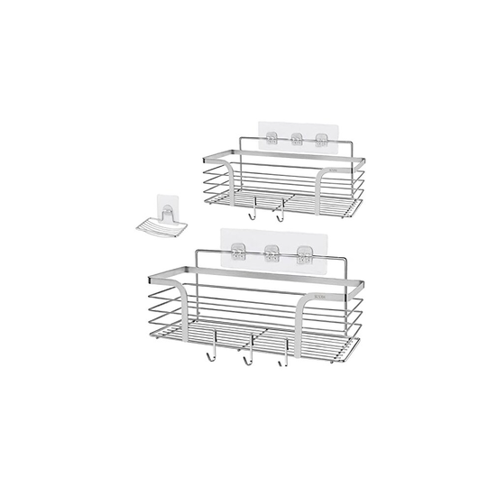 Shower Caddy Adhesive Bathroom Shelf Organizer Soap Dish Holder with 5 Hooks for Shampoo Conditioner Holder, Kitchen Organizer Basket, Stainless
