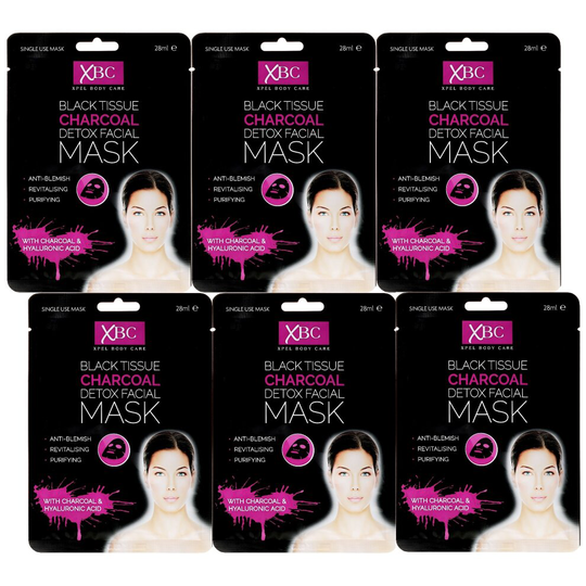 6 XBC CHARCOAL BLACK TISSUE DETOX FACE MASK PAMPER TREATMENT PACKS