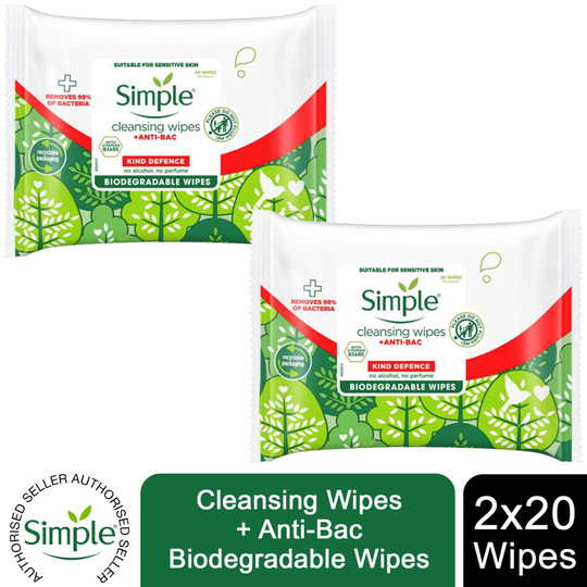 2 Pack of Simple Kind Defence + Anti Bacterial Cleansing Wipes 20pc