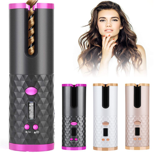 (White-Electric Auto Rotating) Unbound Cordless Automatic Hair Curler Anti-Tangle Wireless Auto Curling Wand