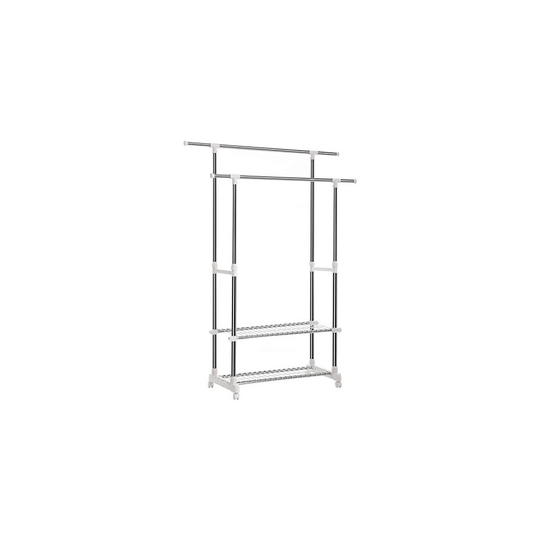 SONGMICS Clothes Rails, Double Hanging Rails with 2-Tier Shelves, Telescopic Extendable Coat Rack with Casters, Stainless Steel Coated Iron Pipes, 154