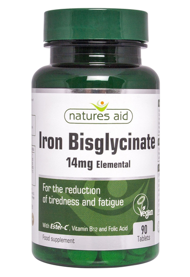 Natures Aid Iron Bisglycinate with Ester C, Vitamin B12, Folic Acid, 90 Tablets