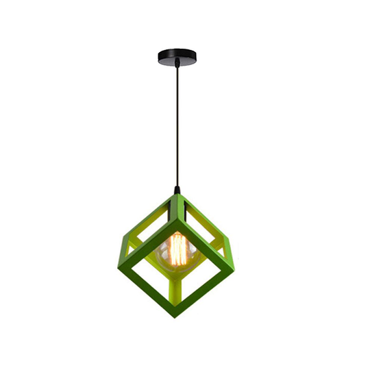 (Green) 1lt Square Metal Wired Frame Pendant Light Cube Ceiling Lamp