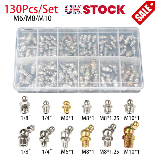 130Pcs Assorted Box of Grease Nipples (Metric & Imperial) M6M8M10 1/8
