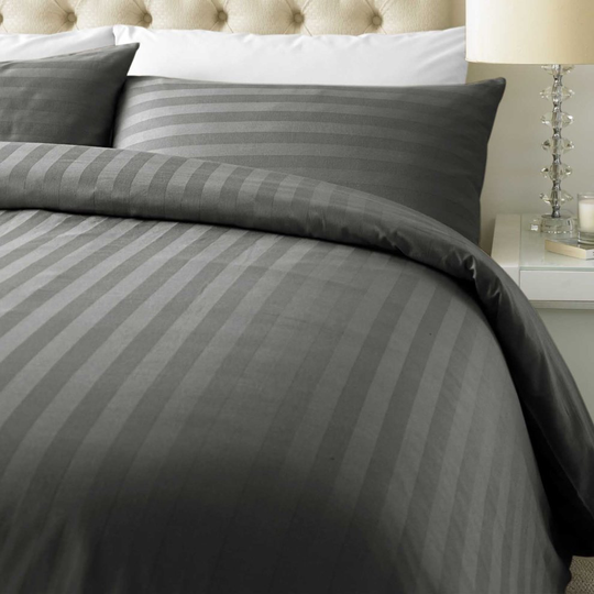 (Grey, Double) Luxury 800 Thread Count Duvet Cover with Pillowcase Cotton Rich Satin Stripe