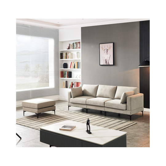 (Grey, 3 Seaters with Ottoman) Multifunction sofa with sleeping function ,Modern 3 seater Sofa Fabric Padded Seat Footstool Grey/Beige 235*80cm Corner