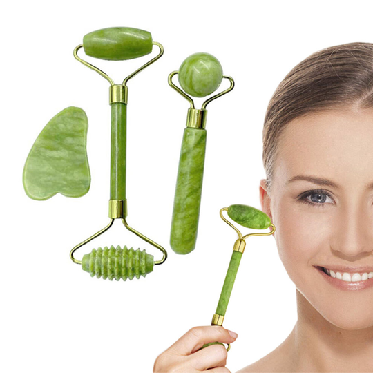 Three-Piece Facial Jade Roller with Gua Sha Massager Set