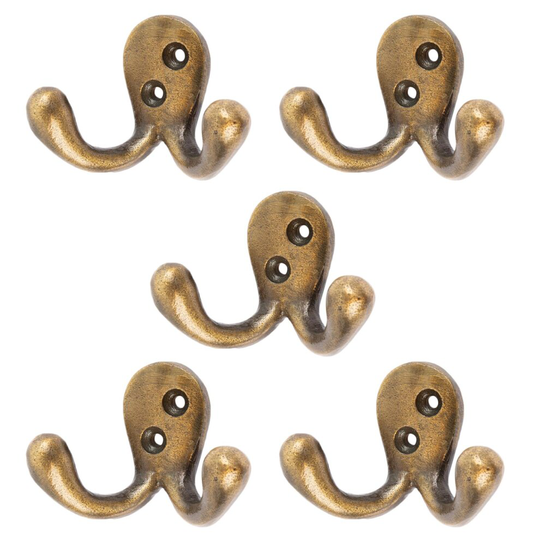 5x Brass 70mm x 50mm Double Coat Hook - Cast Iron Vintage Antique Wall Mounted Hanger - by Hammer & Tongs