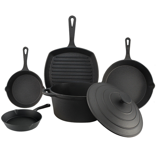 Cast Iron 6 Piece Cookware Set Skillet Griddle Casserole Pan Non Stick Induction