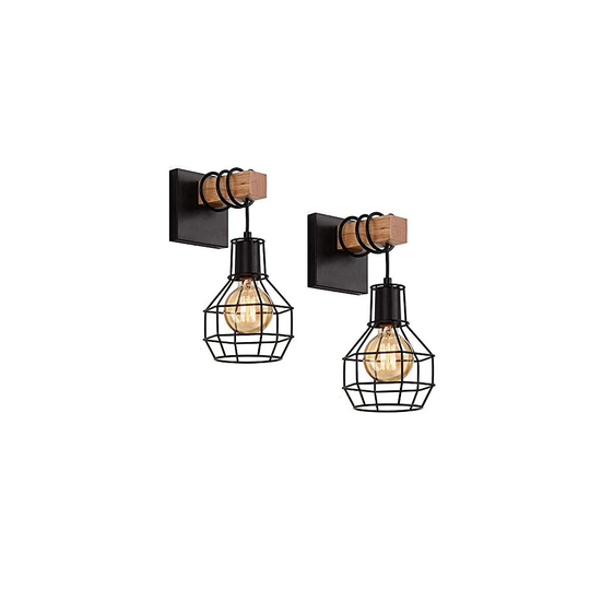 2X E27 Vintage Wall Light Wooden Wall Lamp Industrial Black Diamond Cage Wall Sconces Indoor Lighting