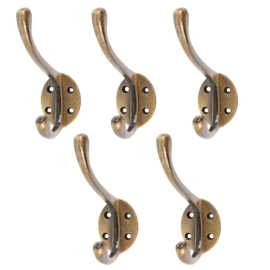 5x Brass 40mm x 105mm Hat & Coat Hook - Cast Iron Vintage Antique Wall Mounted Hanger - by Hammer & Tongs