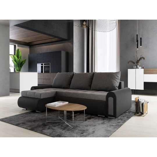 (Grey/Black) Relax Corner Sofa Bed Double Storage 3 Cushions
