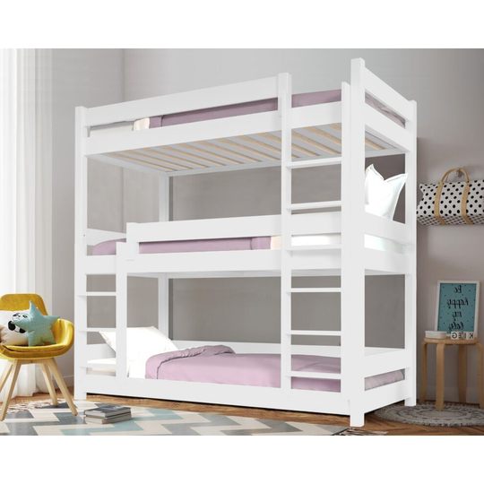 Triple Bunk Beds Pine Wood Kids Children High Sleeper Three Tier Bunk Bed Frame White