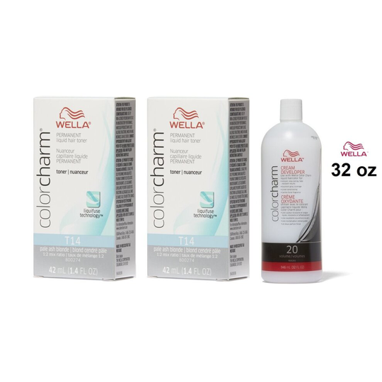 (T14 + T14 + Developer (Vol.20) 32oz) Wella Permanent Hair Colour T14 Pale Ash Blonde
