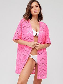 Everyday Crochet Look Short Beach Kaftan - Pink, Pink, Size 8, Women